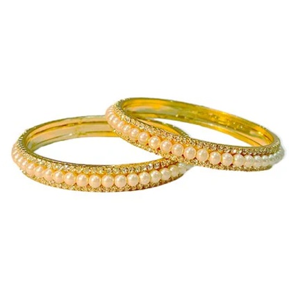 Gold Plated Pearl Bangles With White Stones