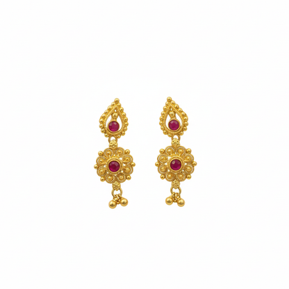 Gold Plated Bead Drops with Red Stones