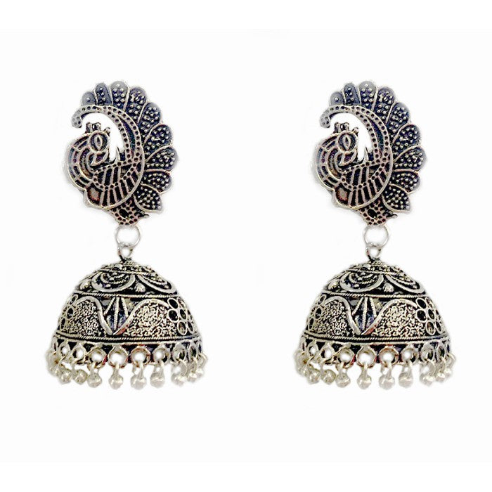Oxidised classic jhumkas with peacock