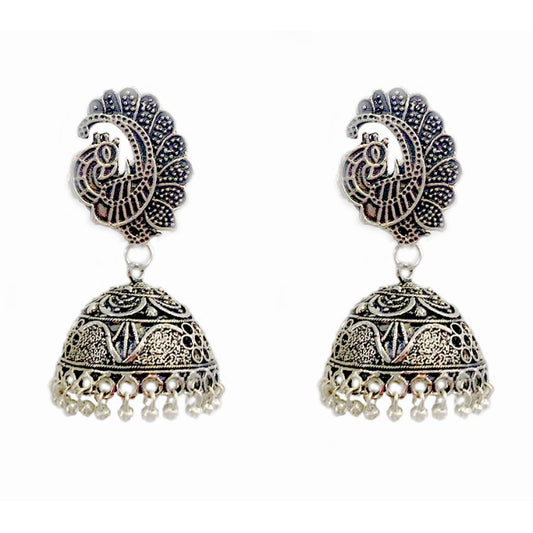 Oxidised classic jhumkas with peacock