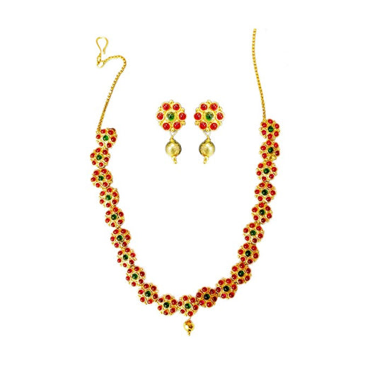 Gold plated choker necklace flower design red stone with gold bead