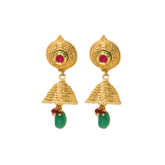 Gold plated jhumka red stone green bead