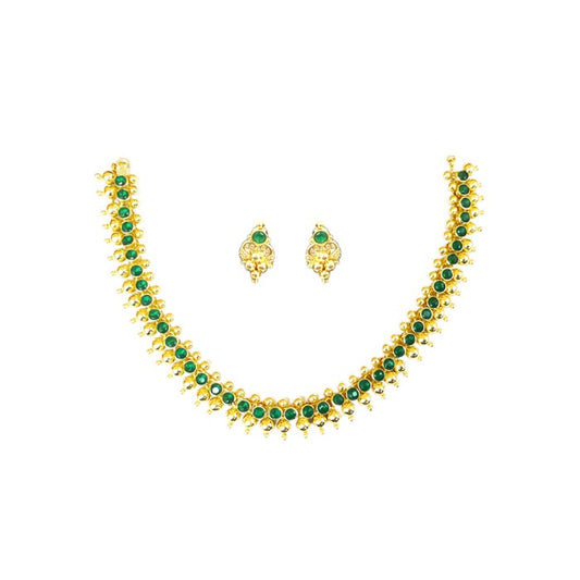 Gold plated necklace with pink stones and golden beads