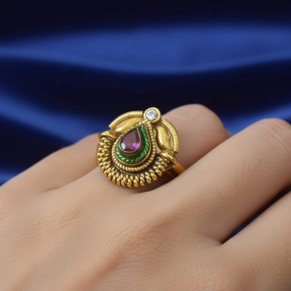 Antique Red and Green Thilak Finger Ring