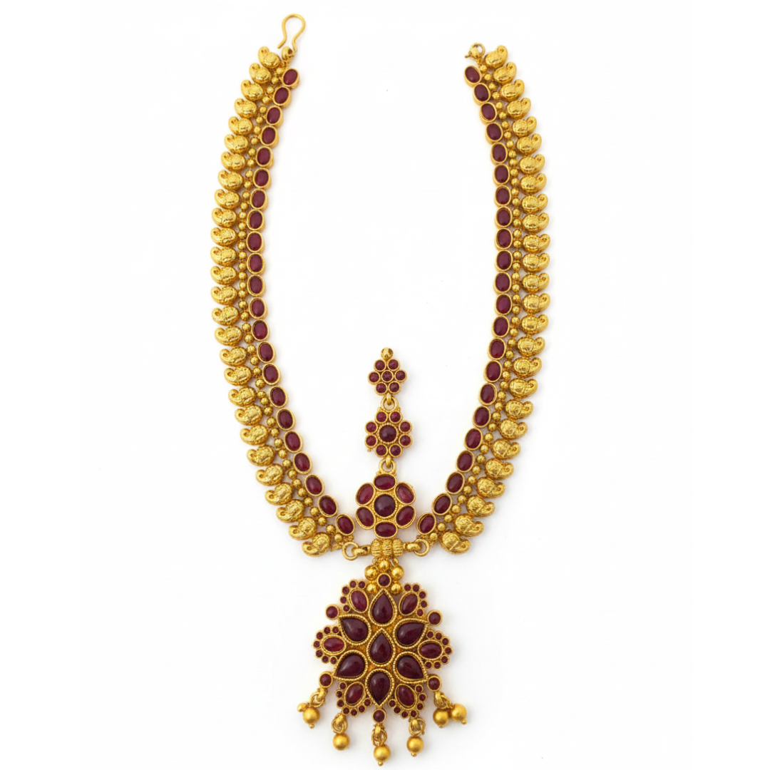 Gold plated Whole Forehead Maang Tikka covered Red Stones