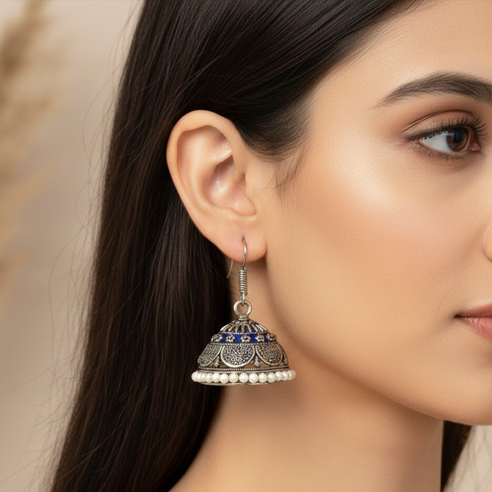 Casual Daily Wear White Pearls Oxidised Jhumka