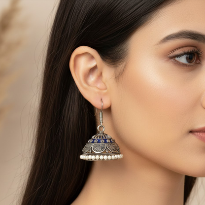 Casual Daily Wear White Pearls Oxidised Jhumka