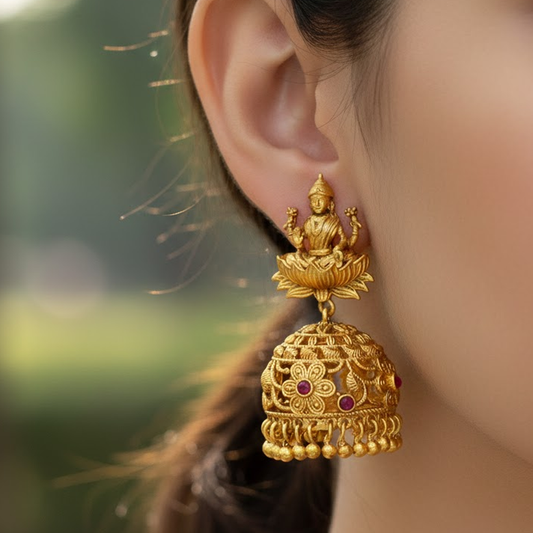 Lakshmi Stud Jhumkas with Red Stones & Flowers