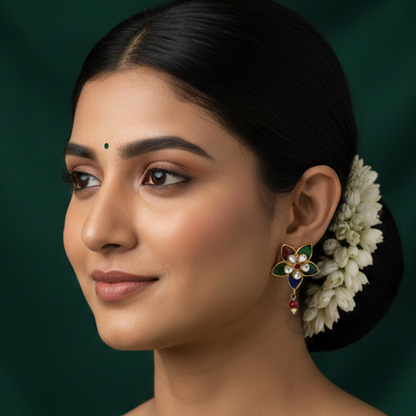 Sparkling Green & Red Flower Studs with Hanging Bead