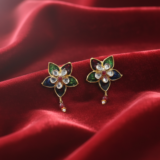 Sparkling Green & Red Flower Studs with Hanging Bead