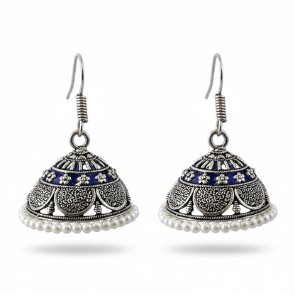 Casual Daily Wear White Pearls Oxidised Jhumka