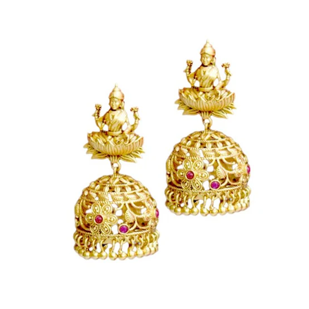Lakshmi Stud Jhumkas with Red Stones & Flowers