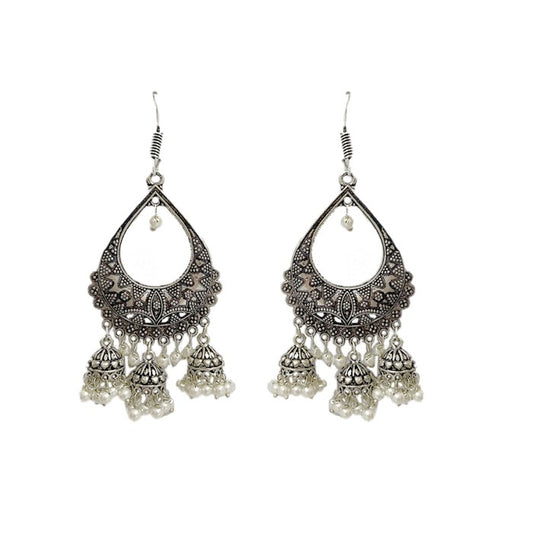 Oxidised Jhumkas with White beads