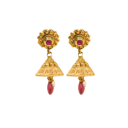 Gold plated jhumka with flower red stone and bead