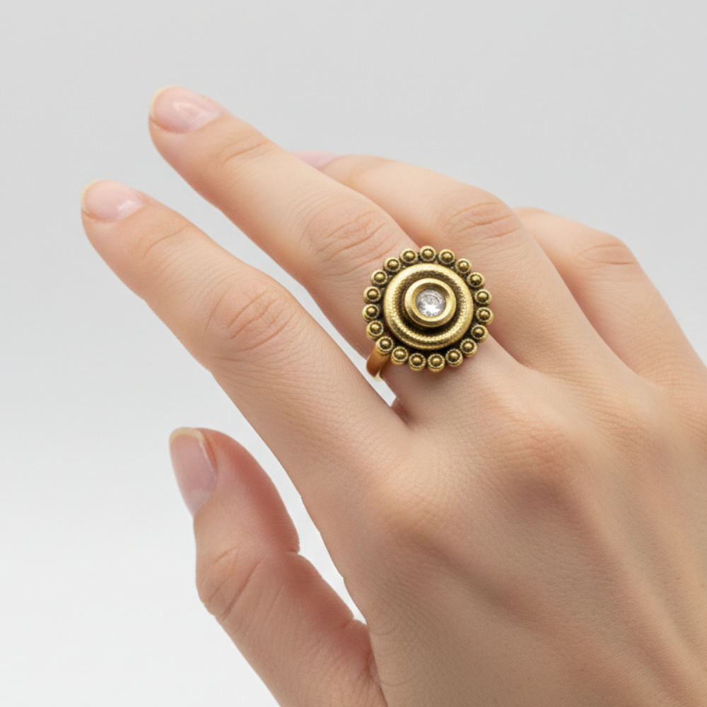 Antique Finish Flower with Kundan Stone Finger Ring