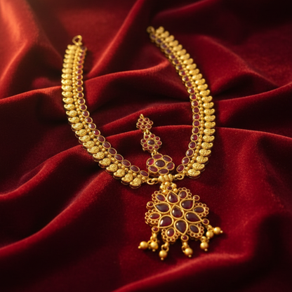 Gold plated Whole Forehead Maang Tikka covered Red Stones