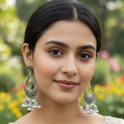 White Beads Oxidised Chandbali Pattern Oxidised Earring