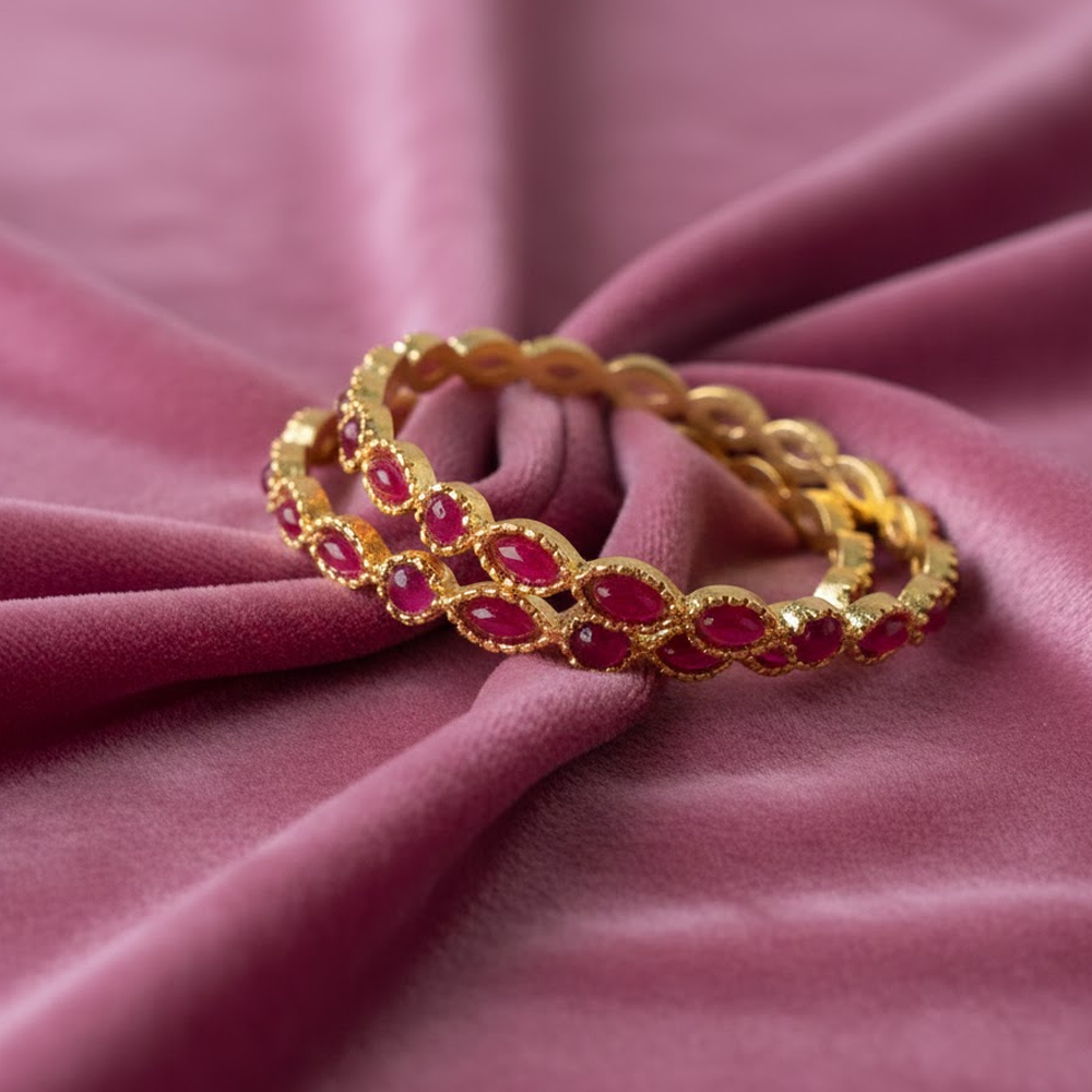 Gold Plated Kemp Bangles With Round Oval Red Stones