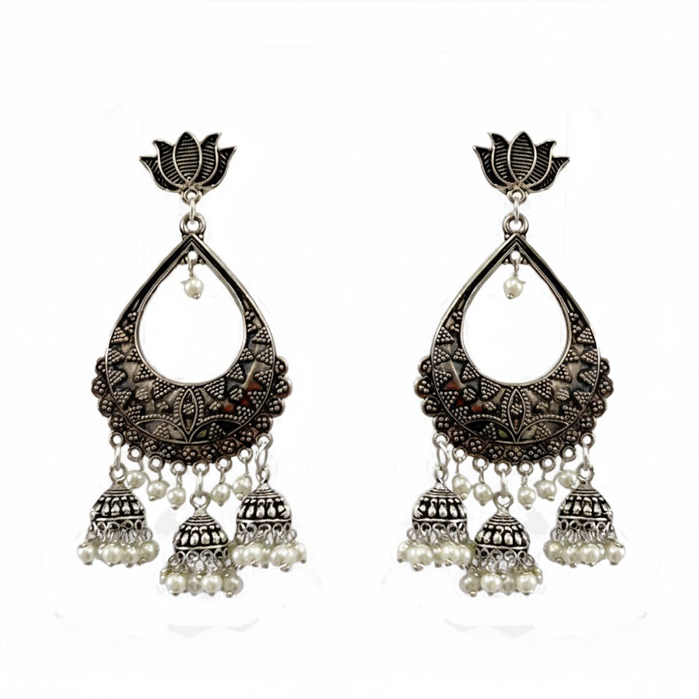 White Beads Oxidised Chandbali Pattern Oxidised Earring
