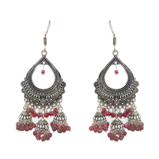 Oxidised Jhumkas with red beads