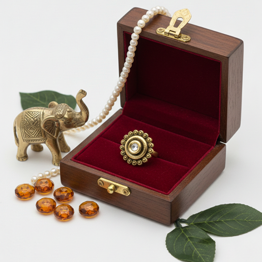 Antique Finish Flower with Kundan Stone Finger Ring