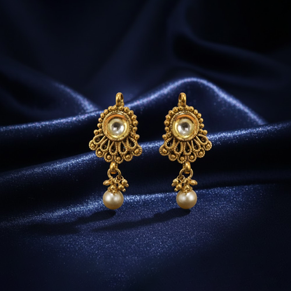 Antique Finish Kundan Stone Studs with Hanging Pearls