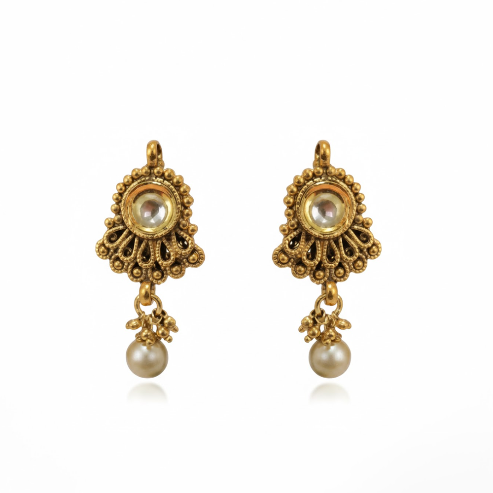 Antique Finish Kundan Stone Studs with Hanging Pearls