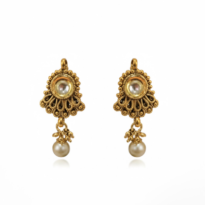 Antique Finish Kundan Stone Studs with Hanging Pearls