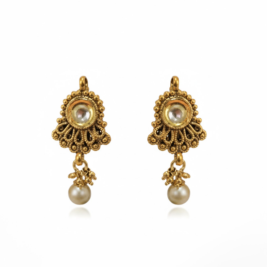 Antique Finish Kundan Stone Studs with Hanging Pearls