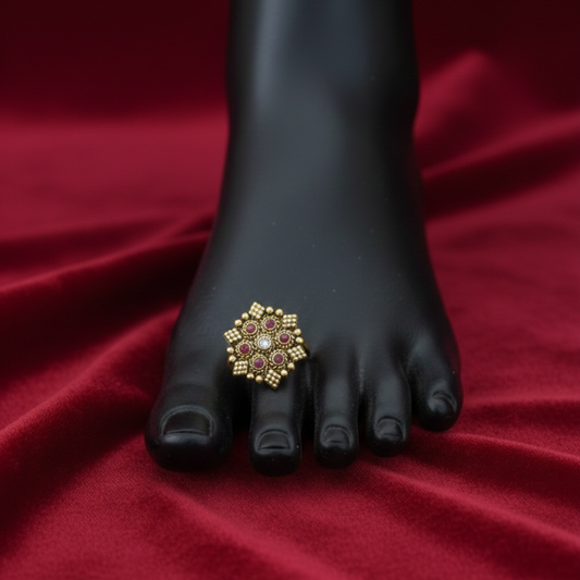 Red and White Stone Antique Toe Rings