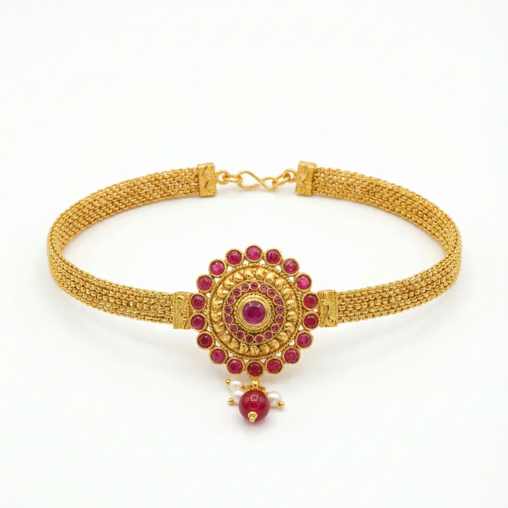 Red Circular Flower Arm Bracelet with Hanging Red Beads - Vanki