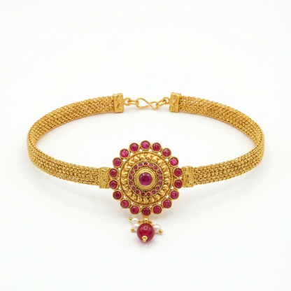 Red Circular Flower Arm Bracelet with Hanging Red Beads - Vanki