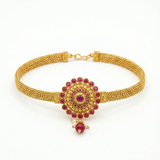Red Circular Flower Arm Bracelet with Hanging Red Beads - Vanki