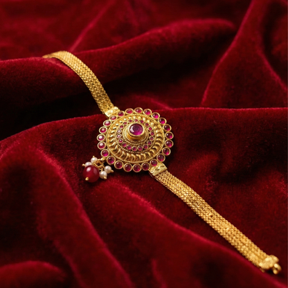 Red Circular Flower Arm Bracelet with Hanging Red Beads - Vanki