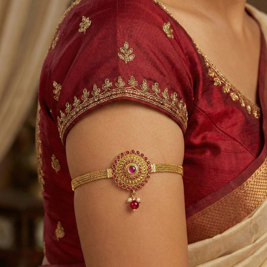 Red Circular Flower Arm Bracelet with Hanging Red Beads - Vanki