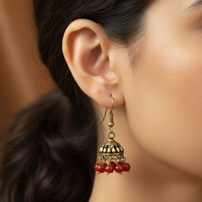 Oxidised Antique Finishing Small Red Beads Jhumka
