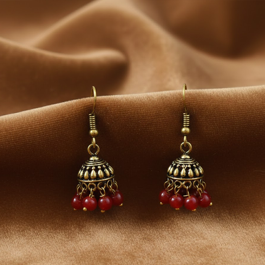 Oxidised Antique Finishing Small Red Beads Jhumka