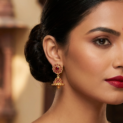 Red Stones Gold Plated Traditional Jhumka