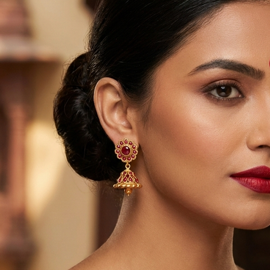 Red Stones Gold Plated Traditional Jhumka