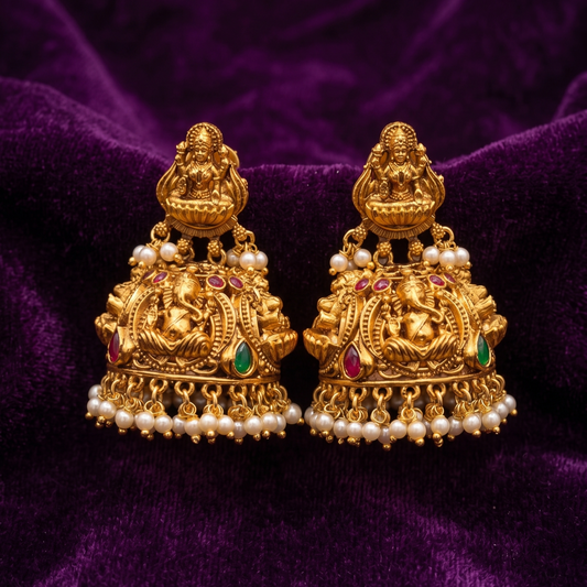 Antique Gold Lakshmi Ganesha Pearl Jhumka Earrings