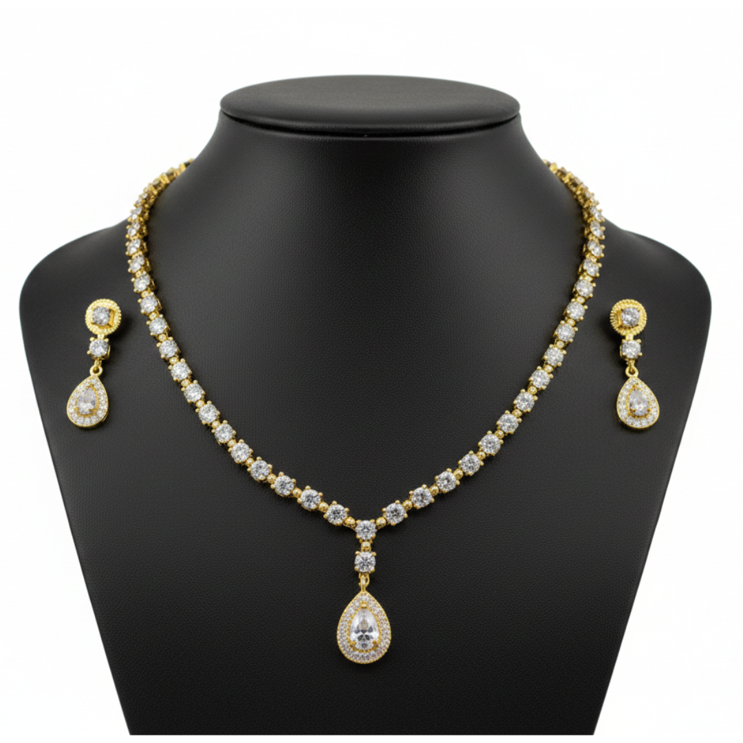 Simple Dollar Small White Stones Set - Artificial Stone Jewellery