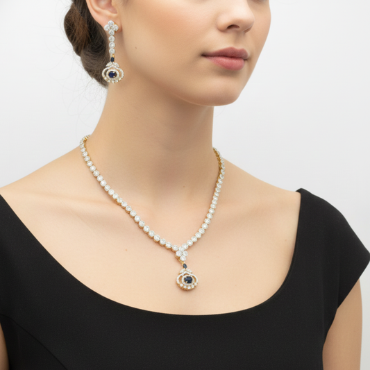 Gold Plated Necklace With Small Blue White Artificial Stones