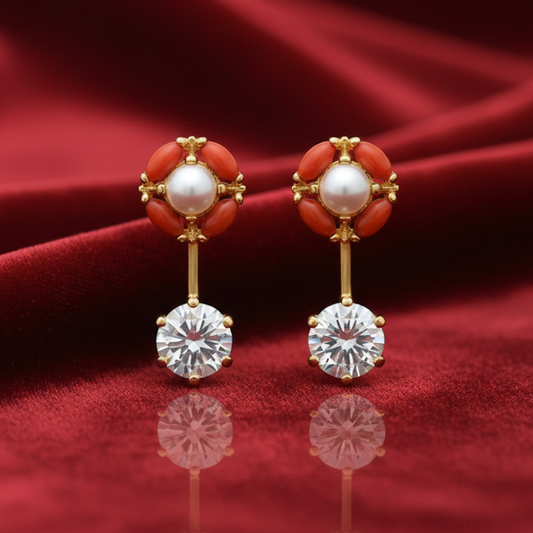 Pavazham Orange with Pearls Flower Studs