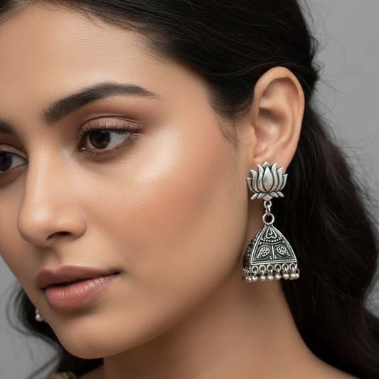 Lotus Stud Casual Wear Oxidised Jhumki