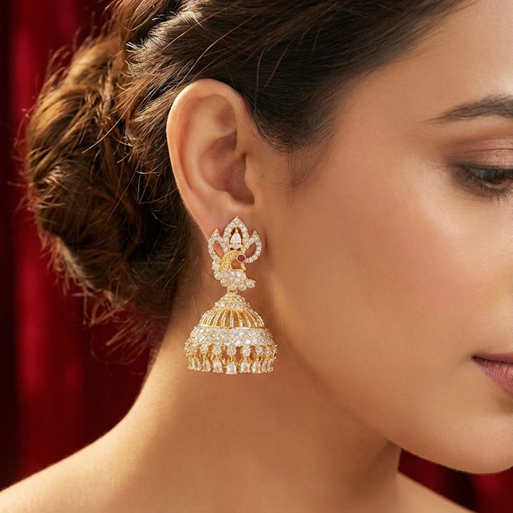 White Stones Bird Stud Jhumka with Handing Beads