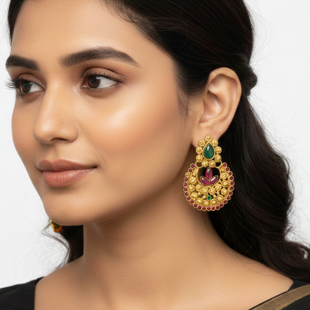 Gold Plated Drops Chandbal with Red with Green Stones