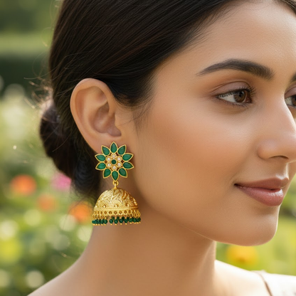 Jhumkas with Green Stones & Hanging Beads