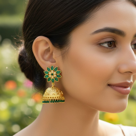 Jhumkas with Green Stones & Hanging Beads