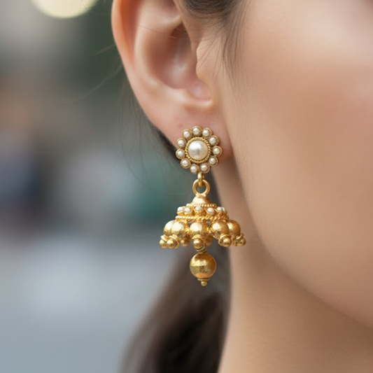 White Pearls Jhumka with Hanging Beads