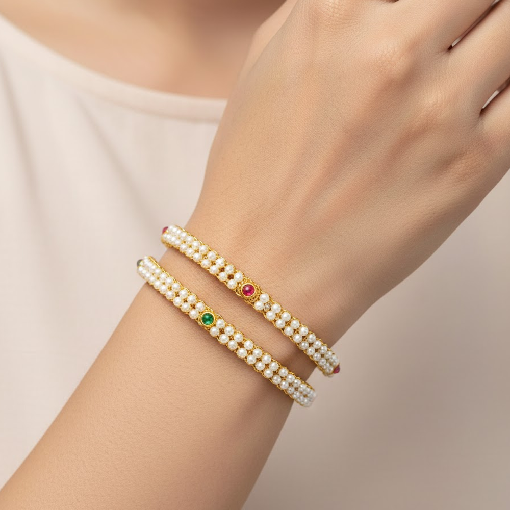 Red Stone White Pearls Bangles